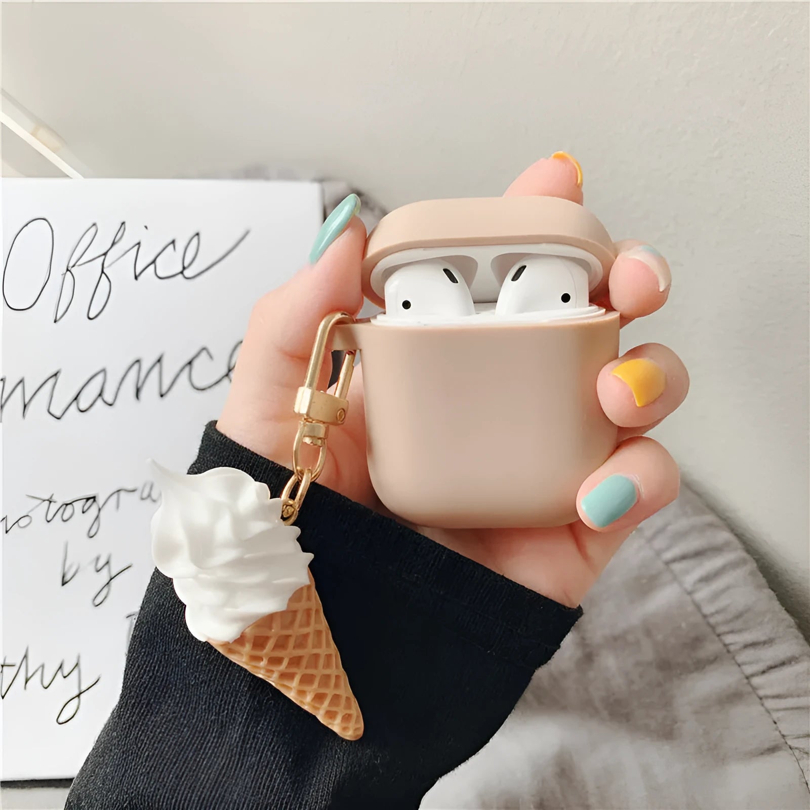 AirPods 2 silicone protective case with cylinder ice cream design showing clear lid and photo colour options