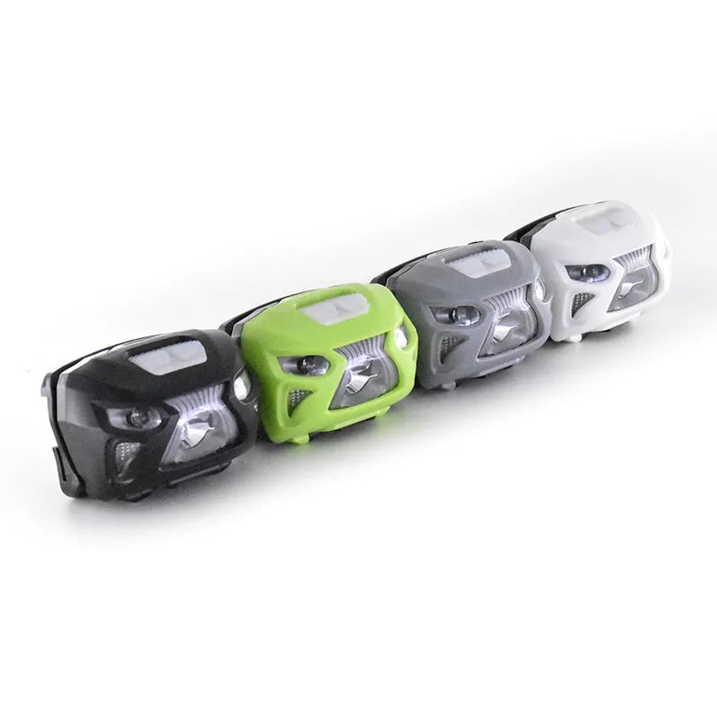 Rechargeable LED head-mounted torch with webbing headband, shown in black.