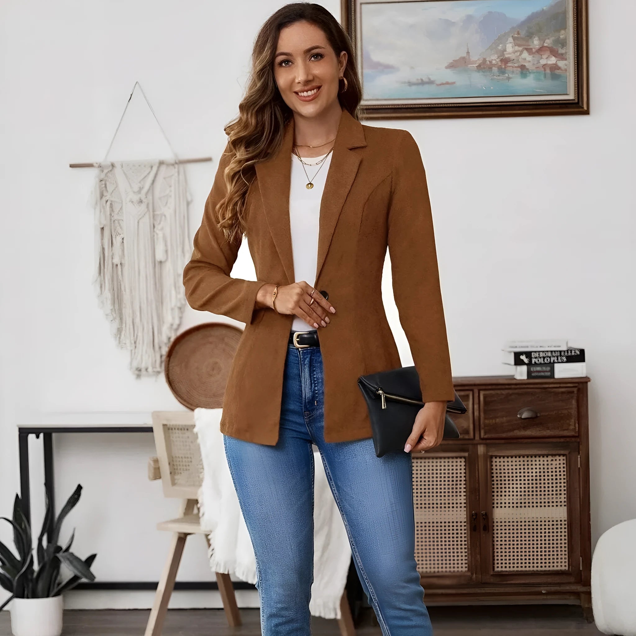 Brown single-breasted men's leisure suit coat with lapel collar and long sleeves.