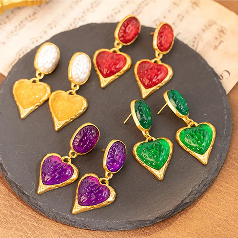 Oval love heart stud earrings with silver needle pleated design in four colour options