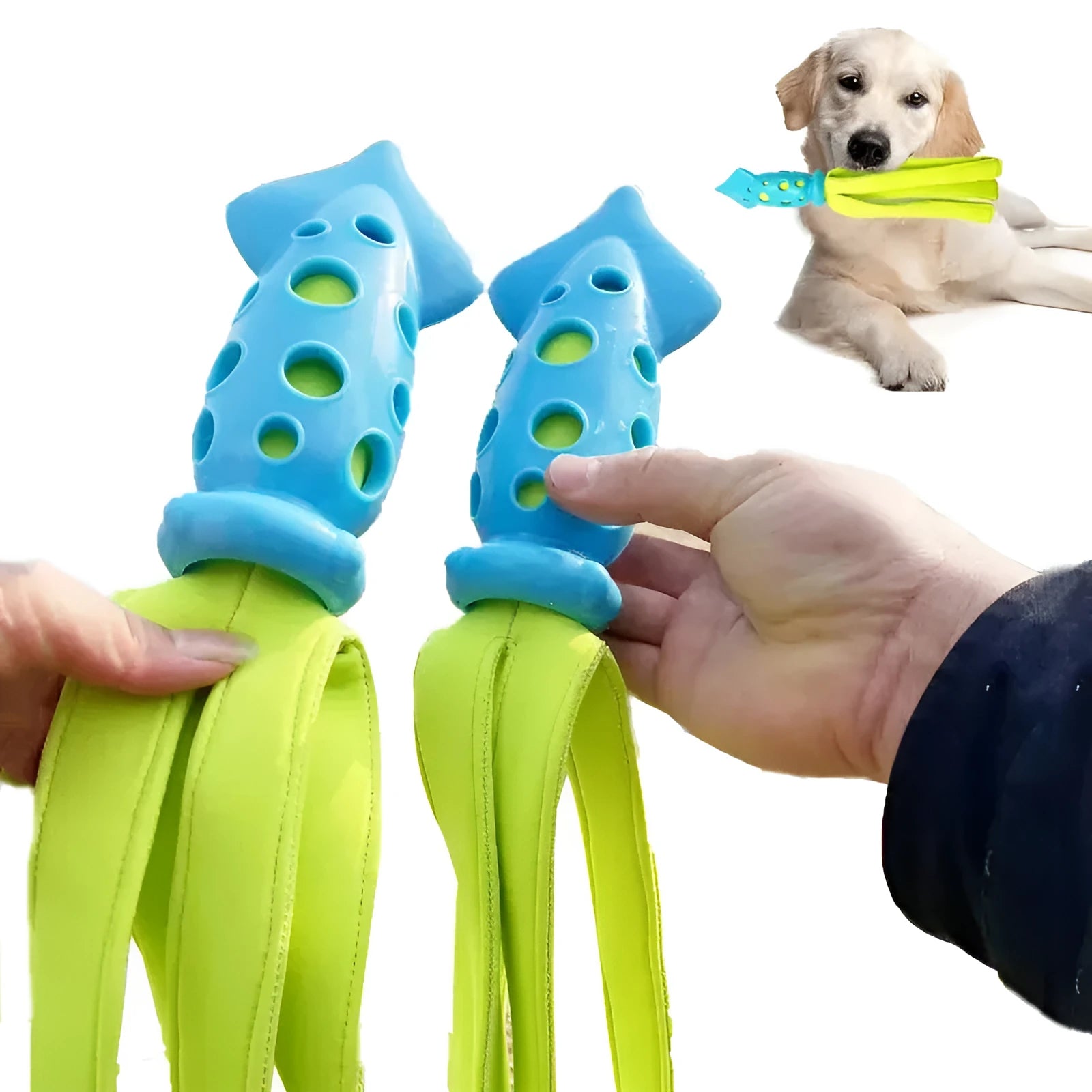 Blue cuttlefish-shaped squeaky chew toy for dogs measuring approximately 39 centimetres