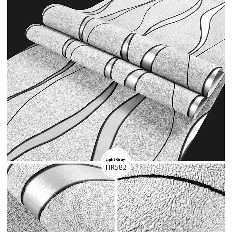 Close-up of dark brown curve stripe 3D wallpaper with a textured velvet surface.