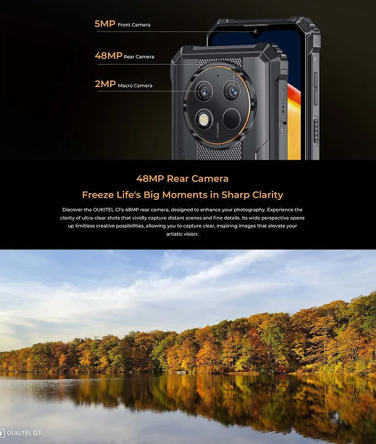 OUKITEL G1 mobile phone in grey, green, or orange colour with included charger.