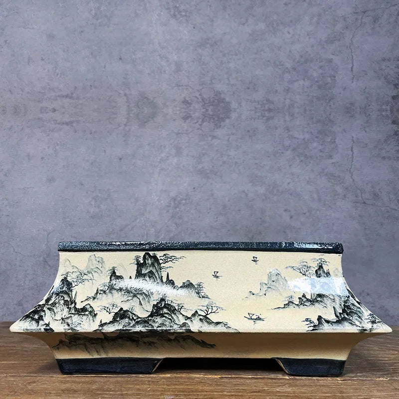 Blue and white hand drawn glazed ceramic flower pot, 34cm, handmade, Chinese style