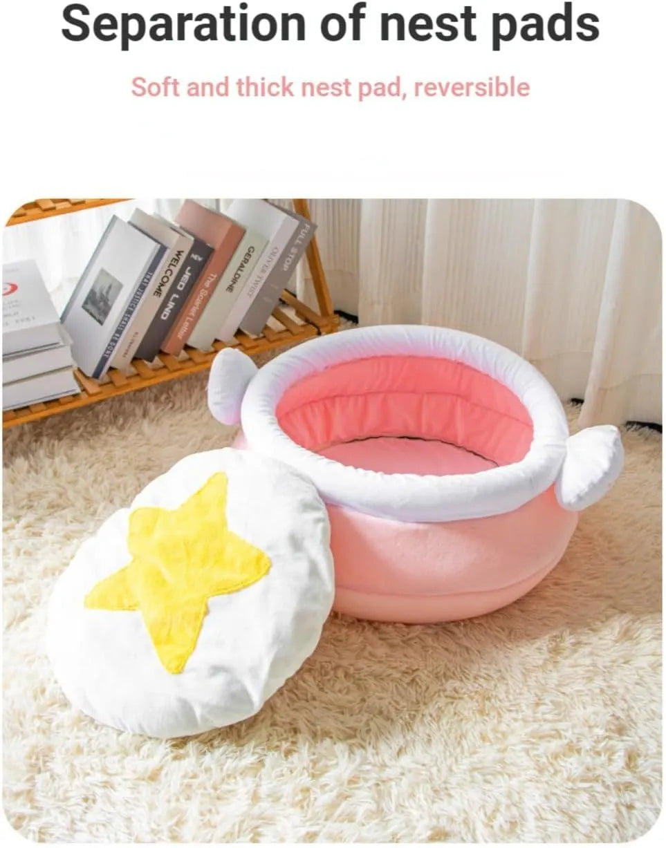 Pink honey pot shaped cat sofa bed with decorative wands and removable cushion