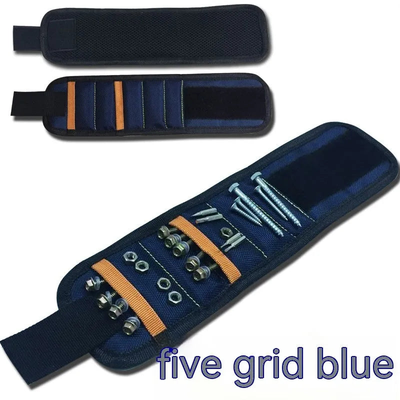 Black magnetic wristband tool organiser with 15 grid pockets and a Velcro strap, shown holding screws.