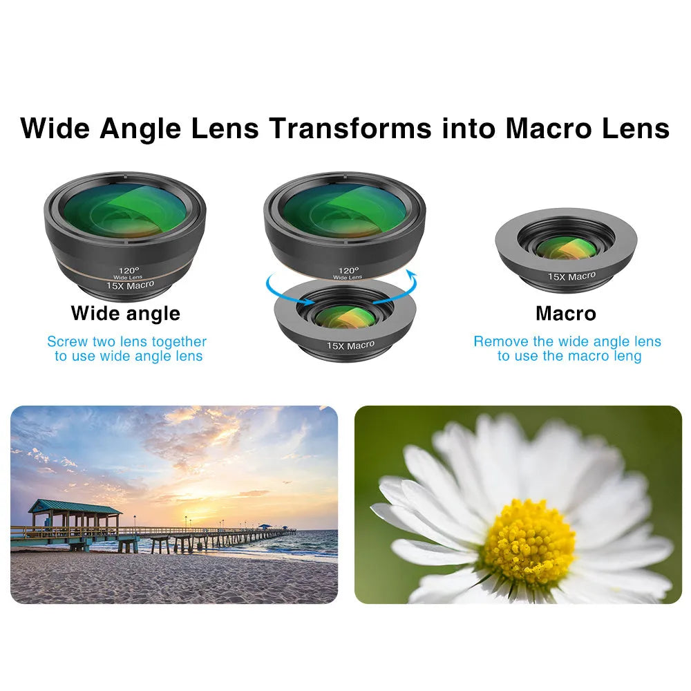 Black 6-in-1 smartphone camera lens kit with fisheye, macro, wide-angle, telephoto, CPL and star filter lenses on universal clip.