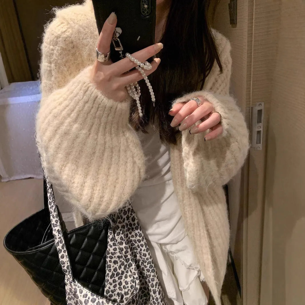 Women's retro style hooded cardigan sweater in thick knit fabric, loose fit, solid colour options