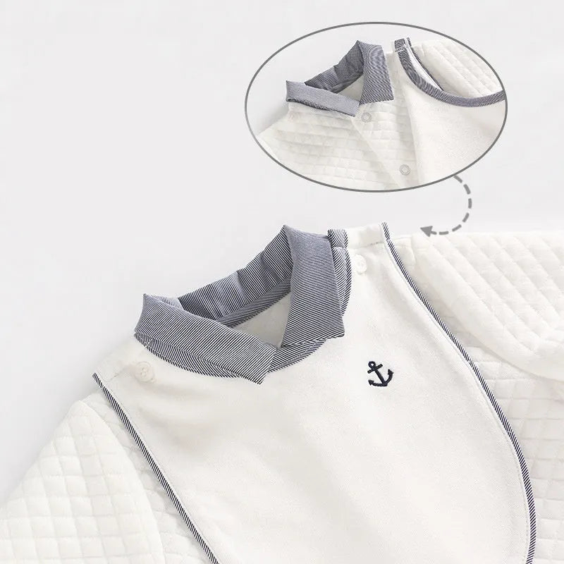 White long-sleeved cotton baby gentleman romper for boys on a hanger