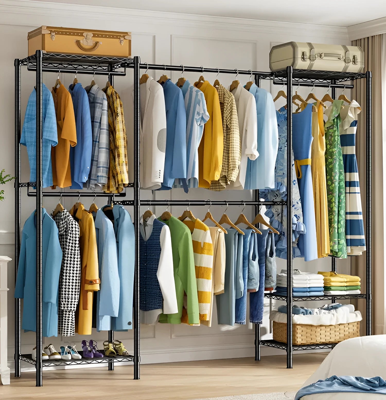 Black metal floor storage rack for hanging clothing and trousers