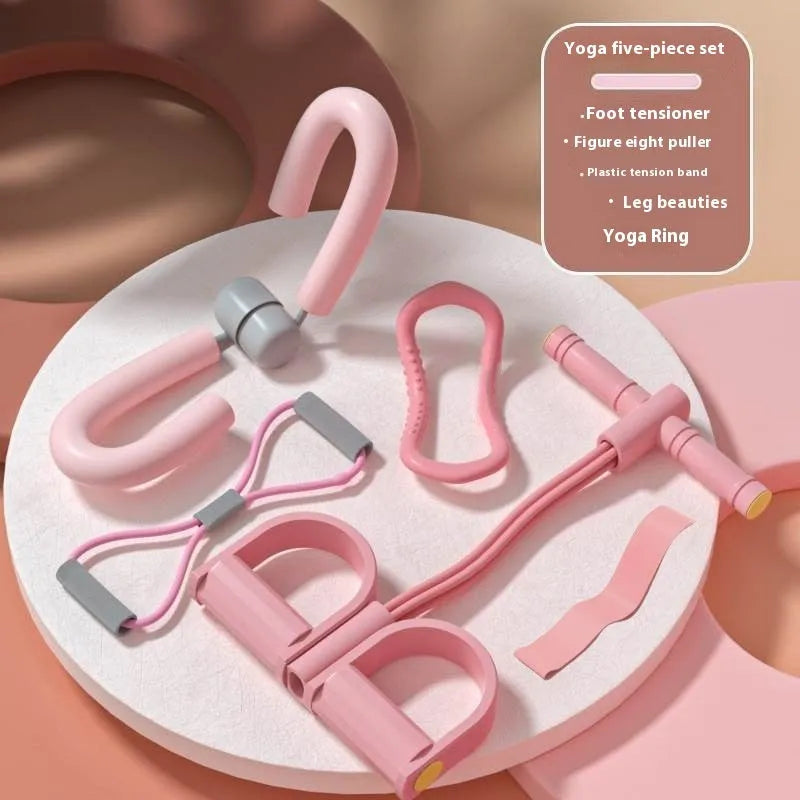 Yoga four-piece fitness set showing leg stretcher, yoga ring, pedal puller, and figure eight tension rope