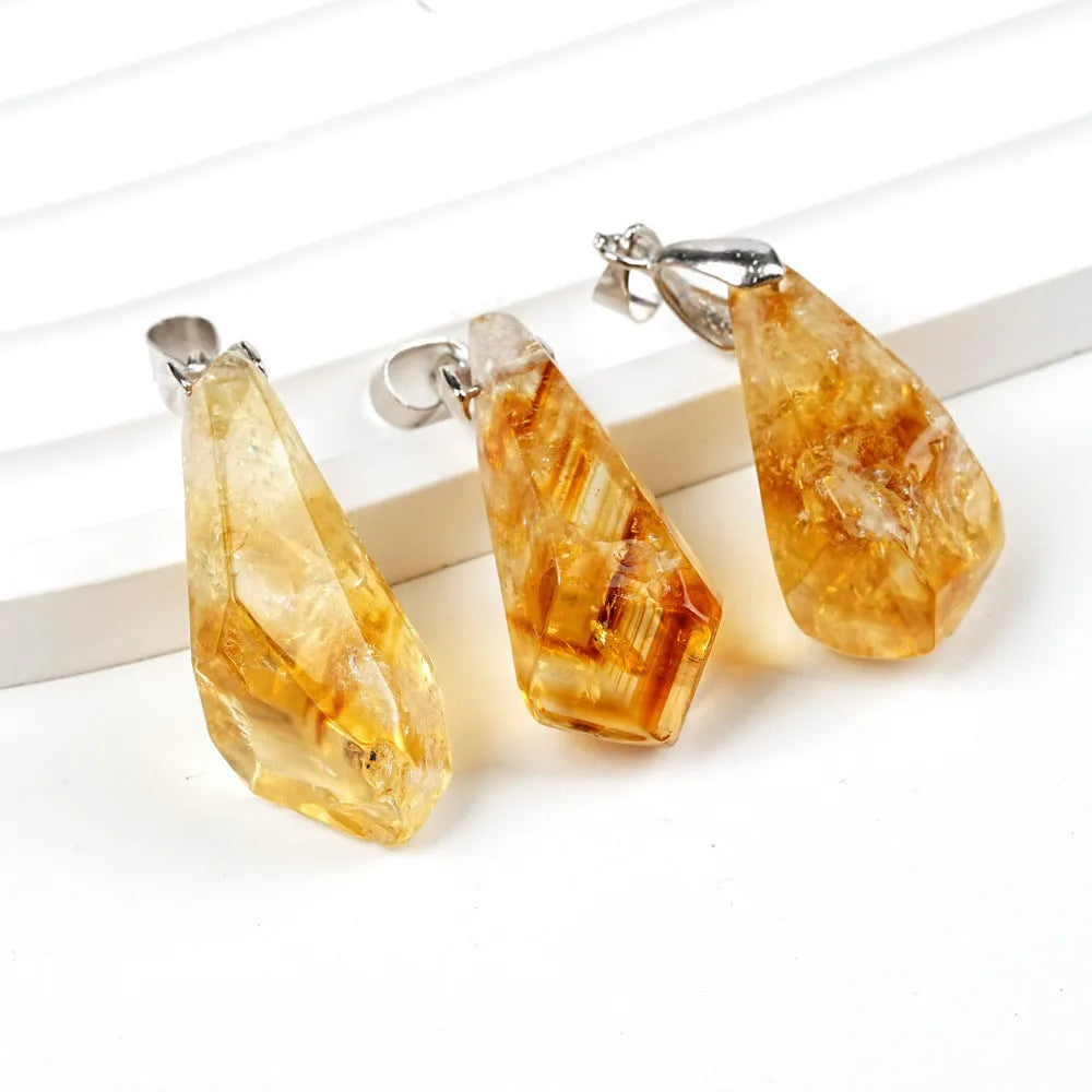 Natural citrine cluster pendant necklace with polished yellow tower crystal geometric drop on leather rope