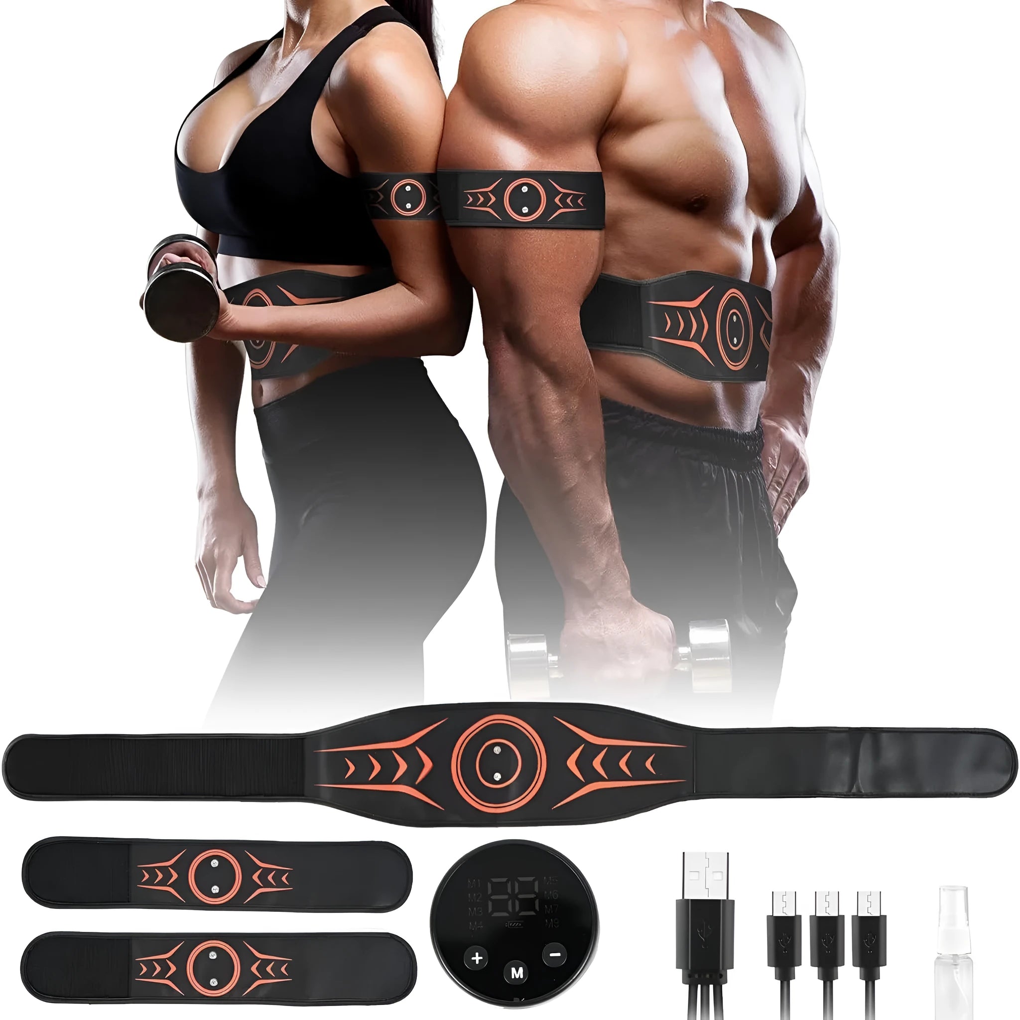 EMS abdominal muscle stimulator belt with rechargeable host unit, arm stickers, and extension strap for home fitness training