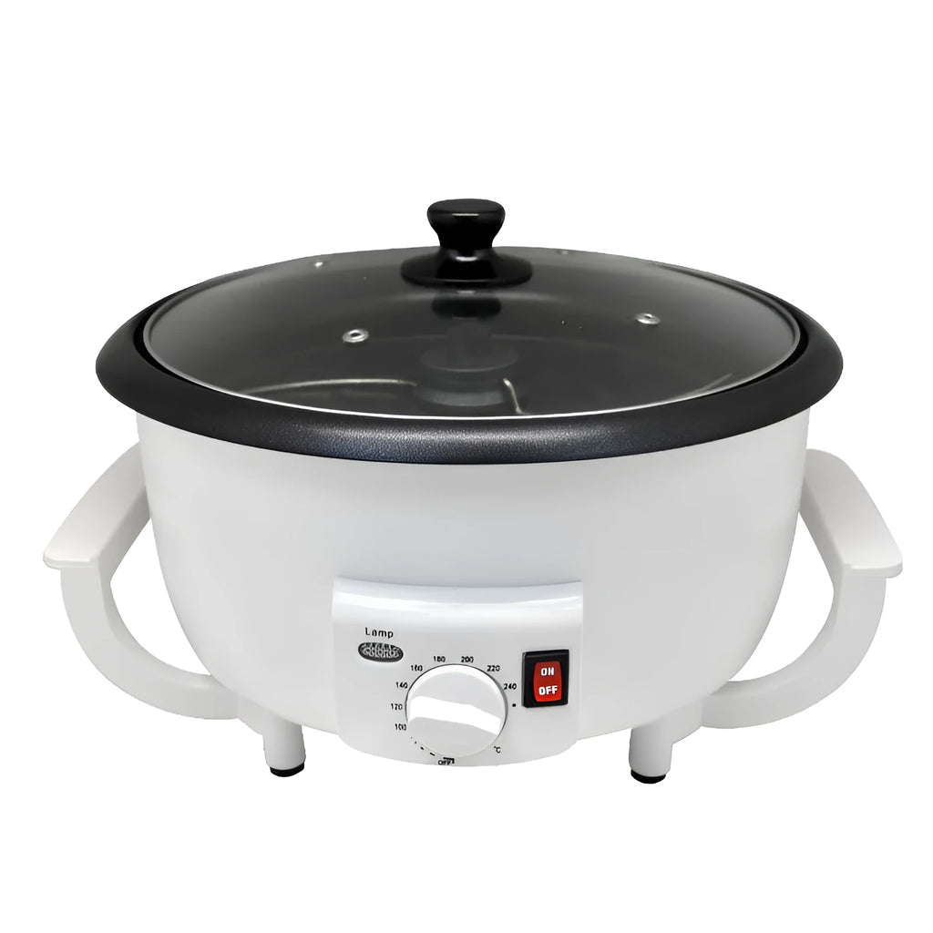 White oblate home coffee roasting machine with 750g capacity and 225mm base