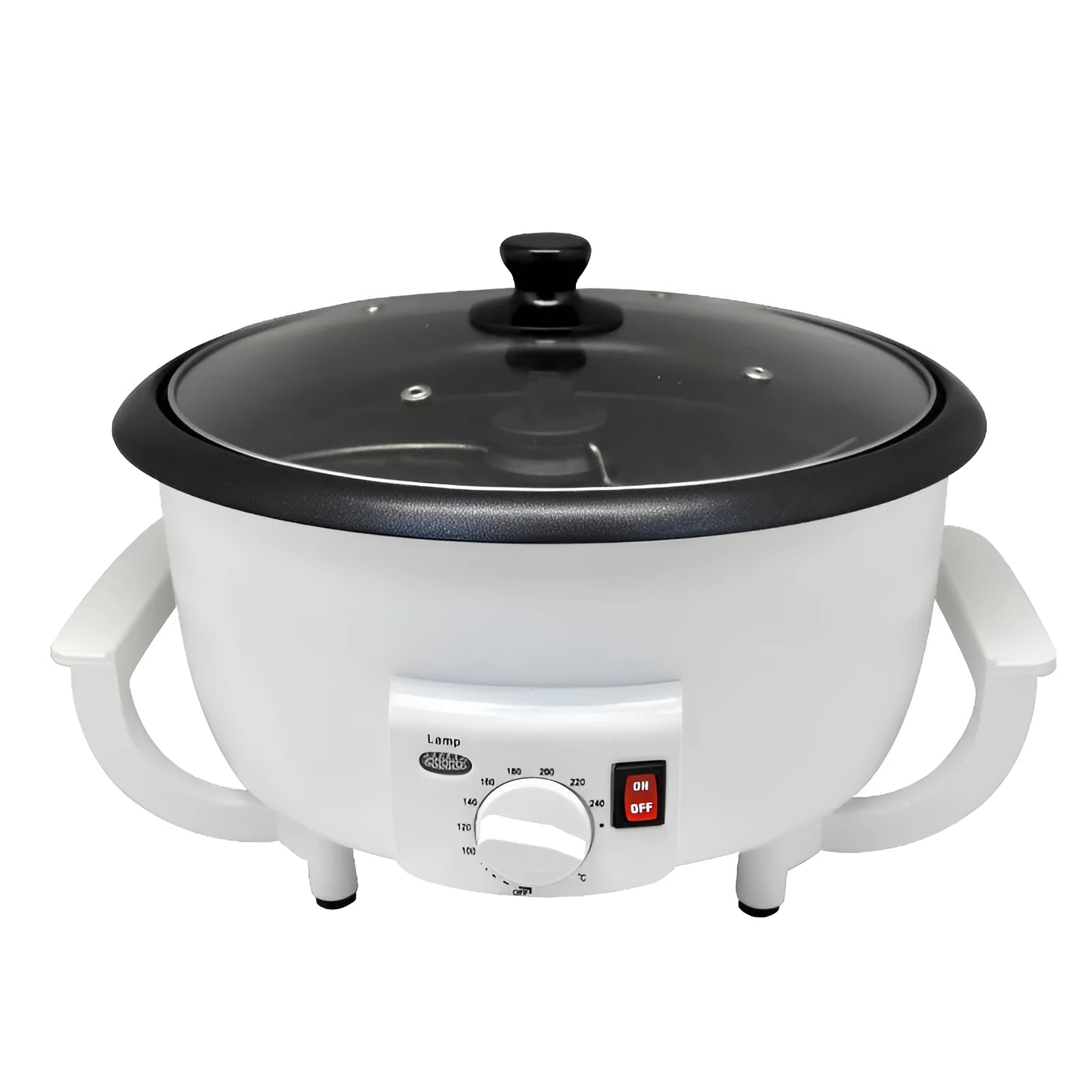 White oblate home coffee roasting machine with 750g capacity and 225mm base