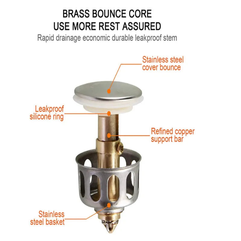White single hole kitchen sink filter basket with copper element and manual press bounce mechanism.