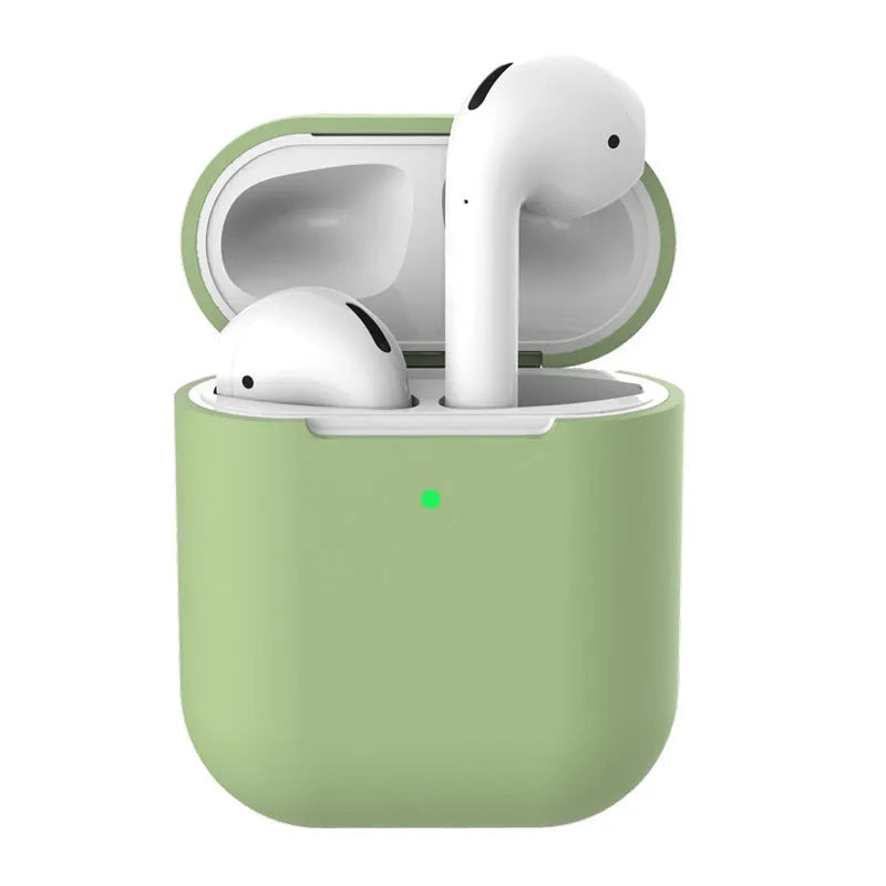 Silicone clamshell protector case for AirPods 2 wireless earphones shown in multiple colour options.