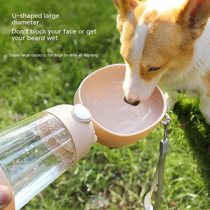 Portable dog water bottle and feeder bowl in PP plastic for outdoor travel, shown in yellow, pink, or brown.