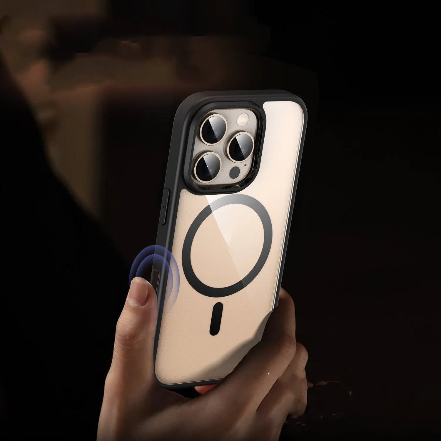 Transparent black magnetic phone case for iPhone 16 with airbag corners and integrated magnetic ring