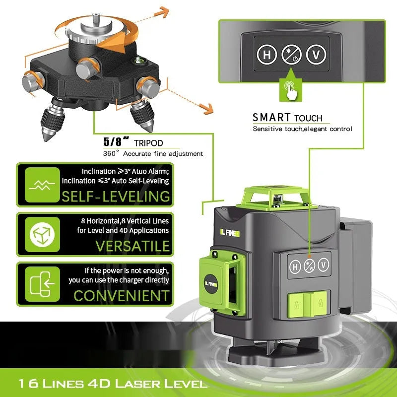 Green 16-line laser level tool with nylon and aluminium housing on a work surface.