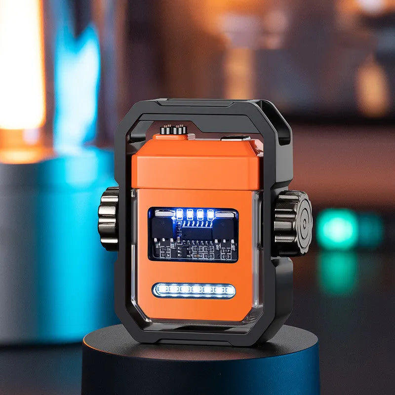 Blue windproof electric lighter with a double arc flame and a visible mechanical gyroscope mechanism.