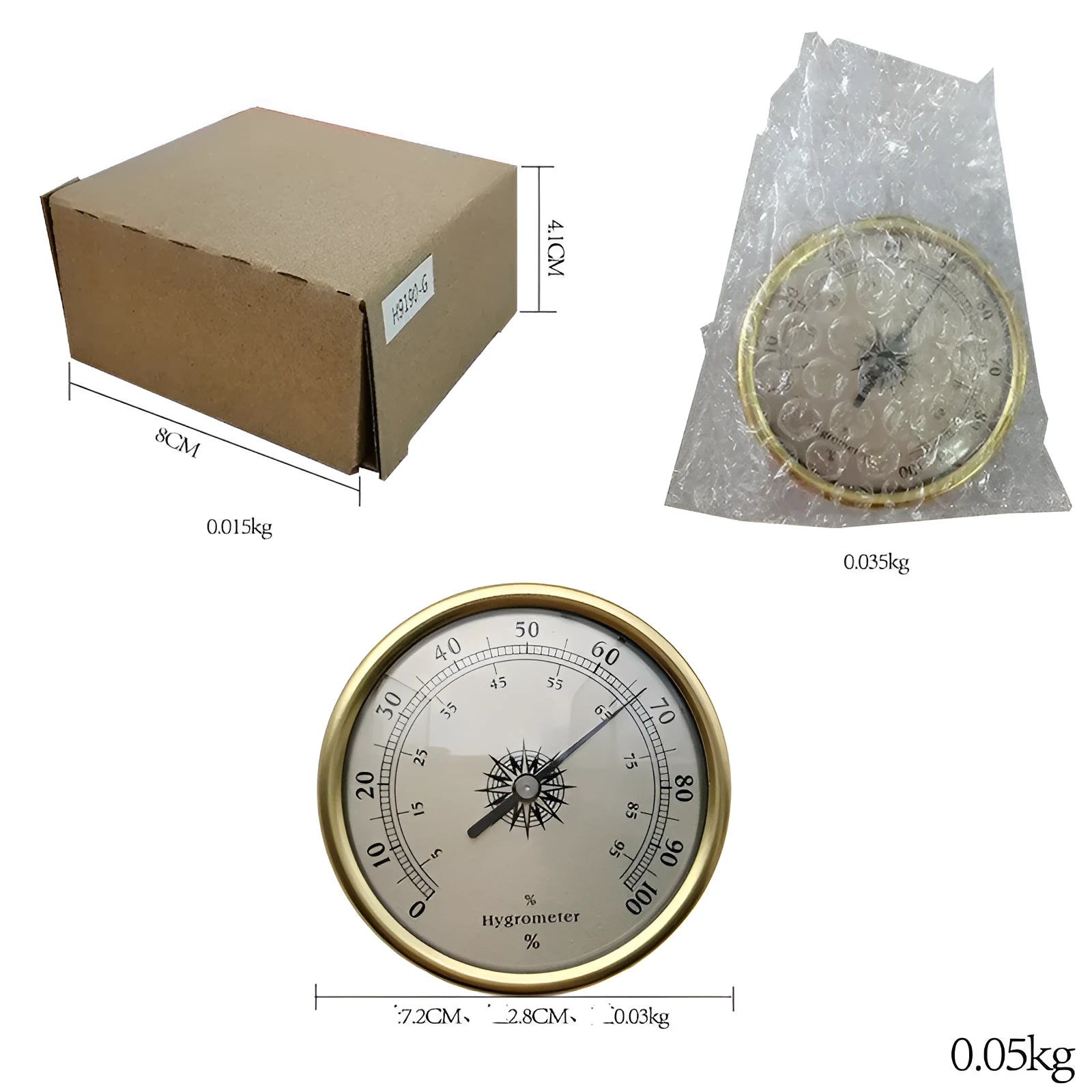 Circular aluminium analogue thermometer and hygrometer with temperature and humidity dials.