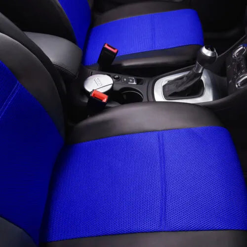 Black artificial leather car seat covers installed on front seats of a 5-seater vehicle.