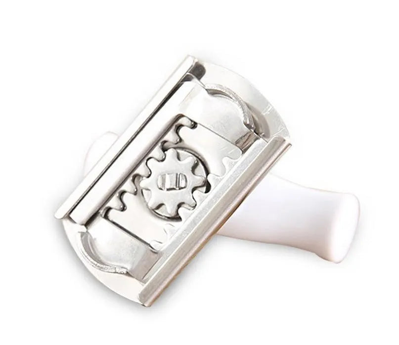 White stainless steel adjustable bottle opener with gear mechanism and polypropylene handle