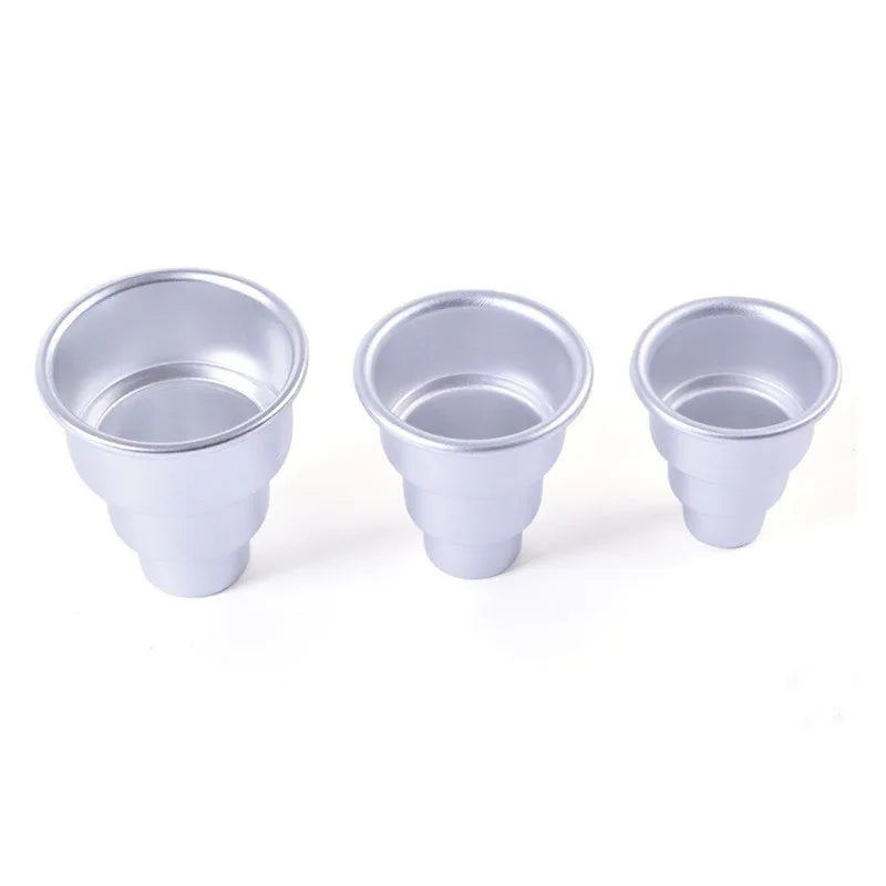 Silver aluminium alloy three-layer cake mould set with large, medium, and small size options for baking