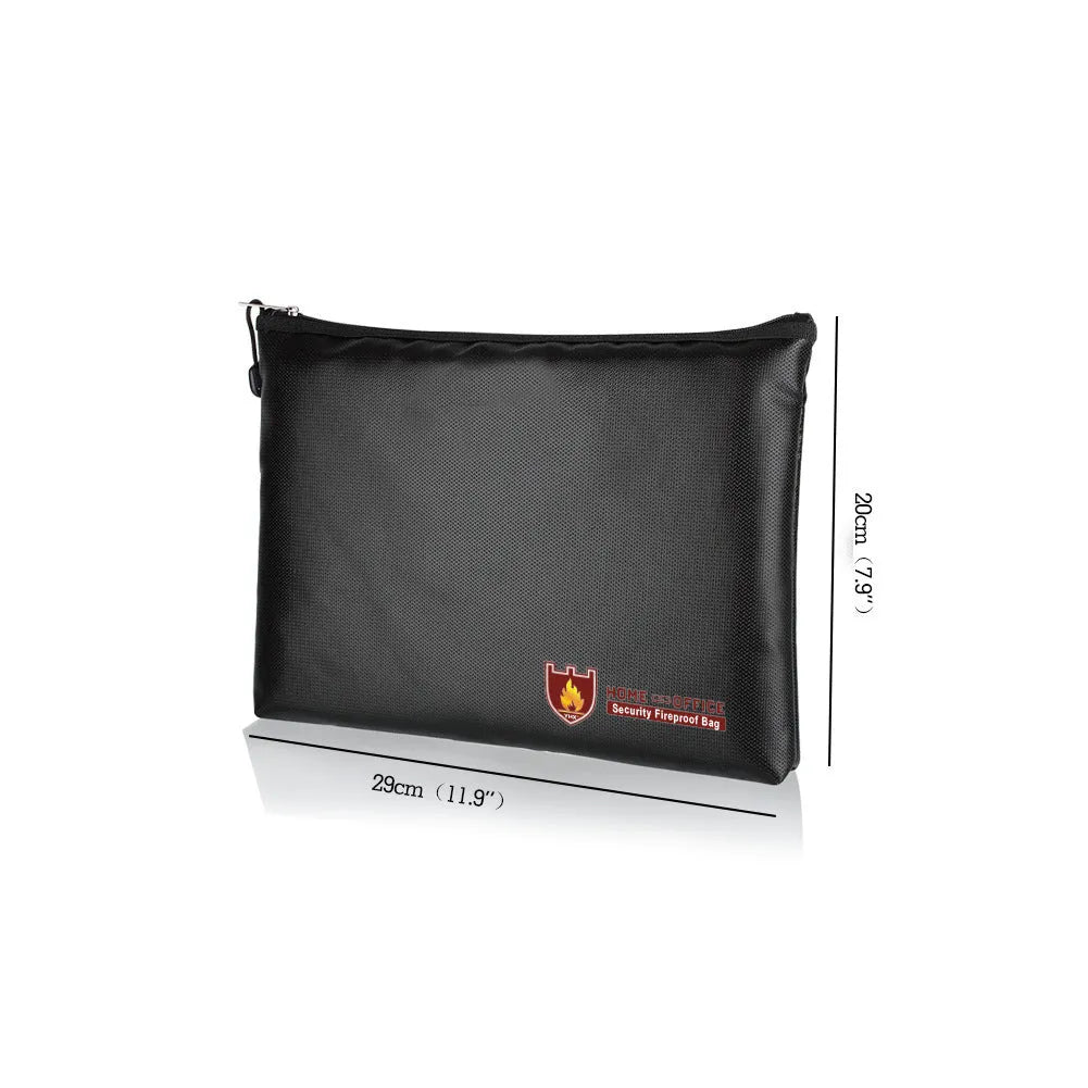 Black fire-proof contract document bag shown in small, medium, and large sizes