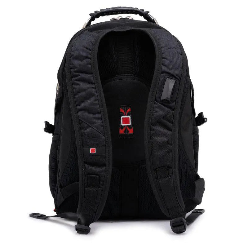 Black 38-litre business laptop backpack open to show multiple organisational compartments.