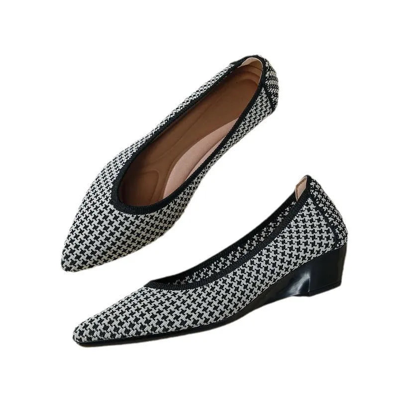 Women's leopard brown Flyknit wedge pump with pointed toe and low rubber sole.