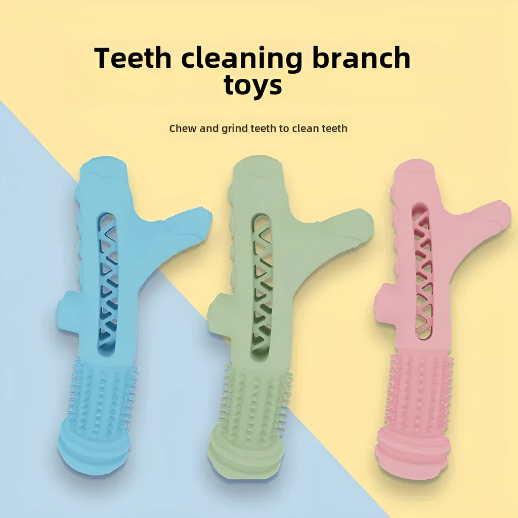 Blue TPR tree branch dental chew toy for small dogs on white background