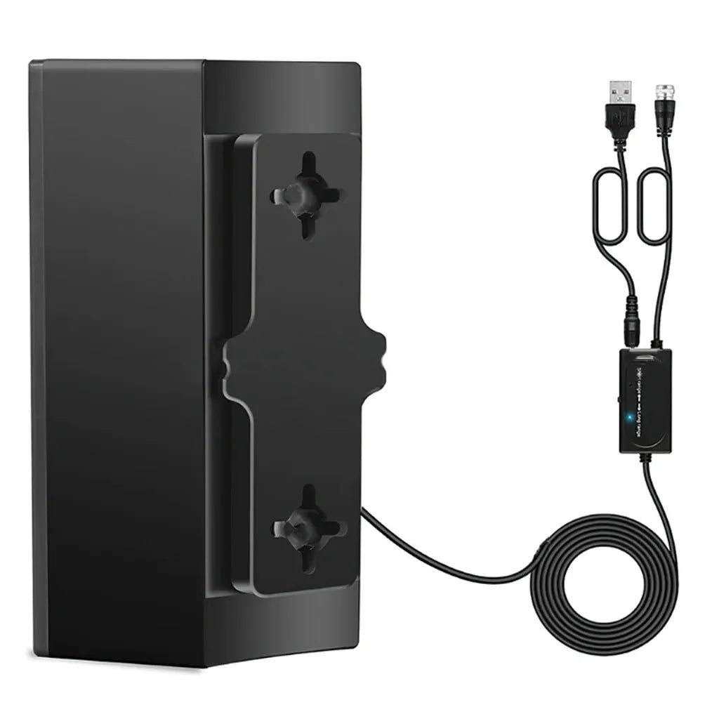 Black plastic indoor digital television antenna with mounting screws and fittings on a white background.