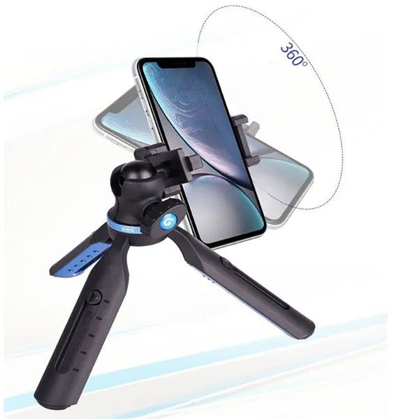 Black aluminium alloy and plastic desktop tripod stand holding a mobile phone.