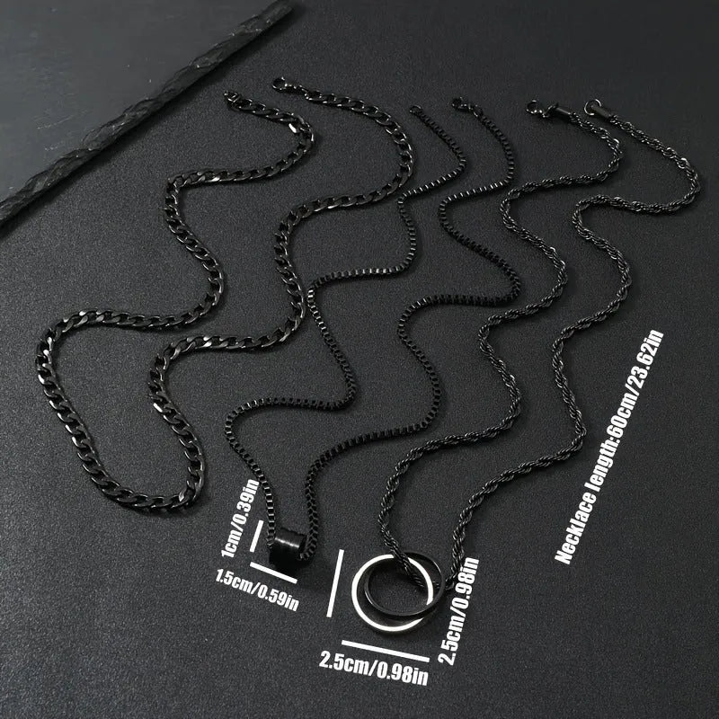 Men's black stainless steel necklace set with titanium steel pendant and cylindrical ring buckle