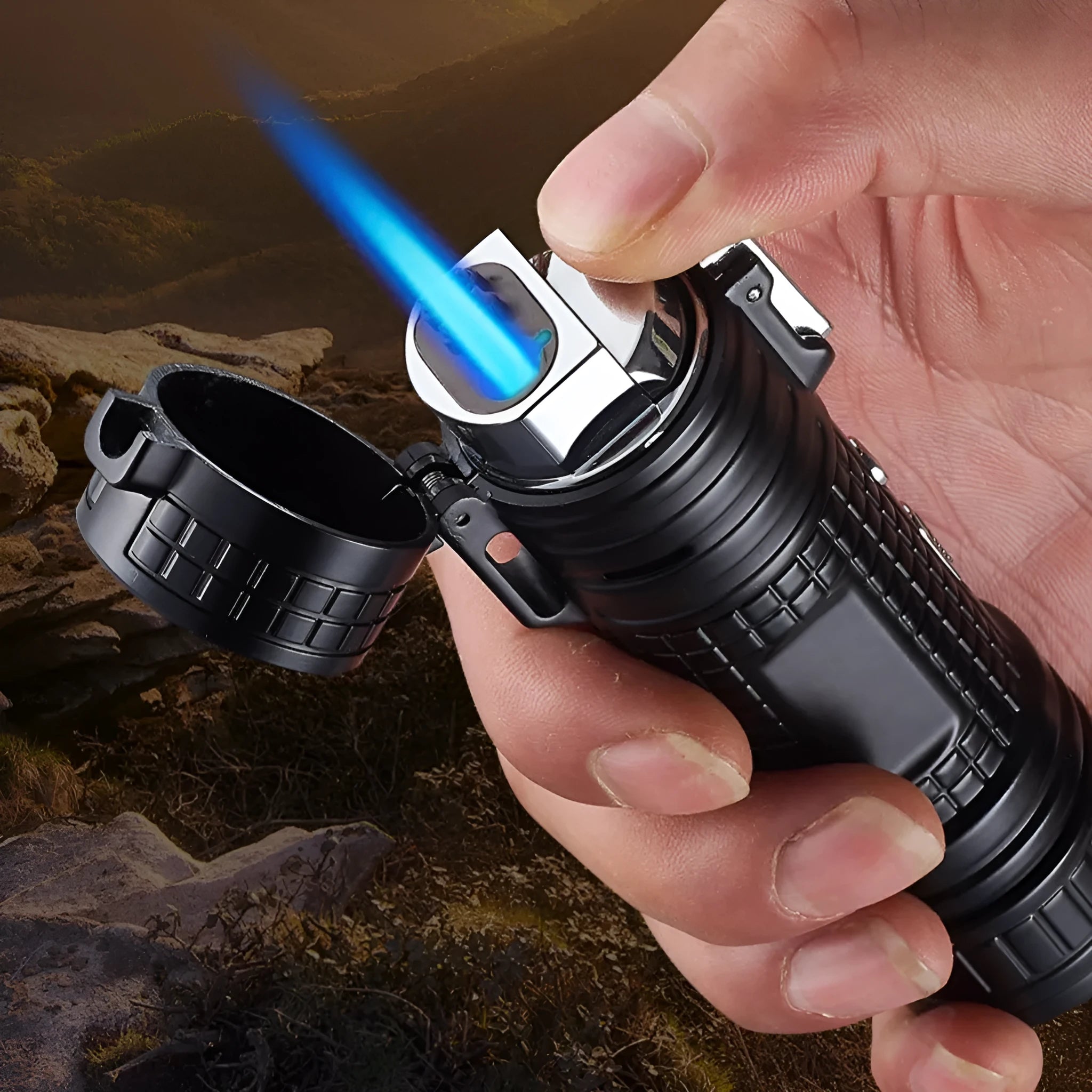 TH727 metal waterproof multifunctional flashlight lighter in camouflage, red, black, blue, or yellow colour