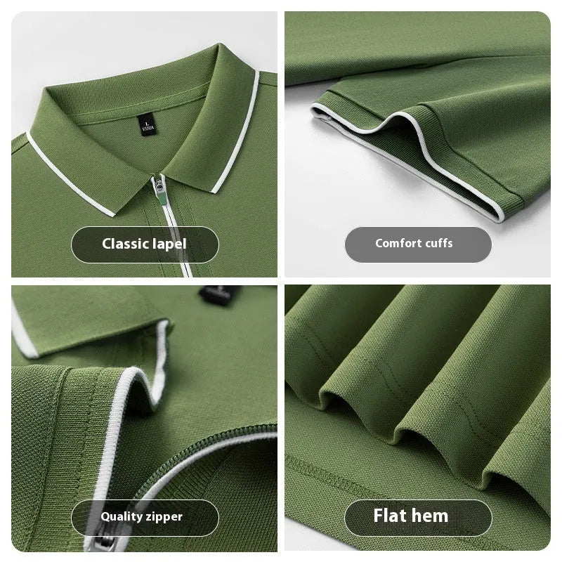Men's solid colour short sleeve polo shirt in long-staple cotton showing regular fit and zipper detail