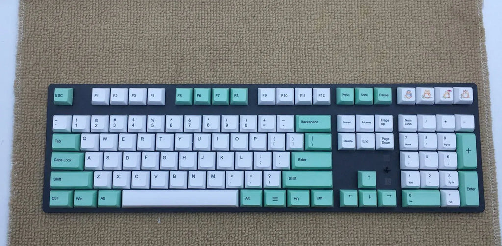 Set of PBT keyboard keycaps with Japanese, Russian, and Korean thermal sublimation legends, showing a five-sided spacebar.