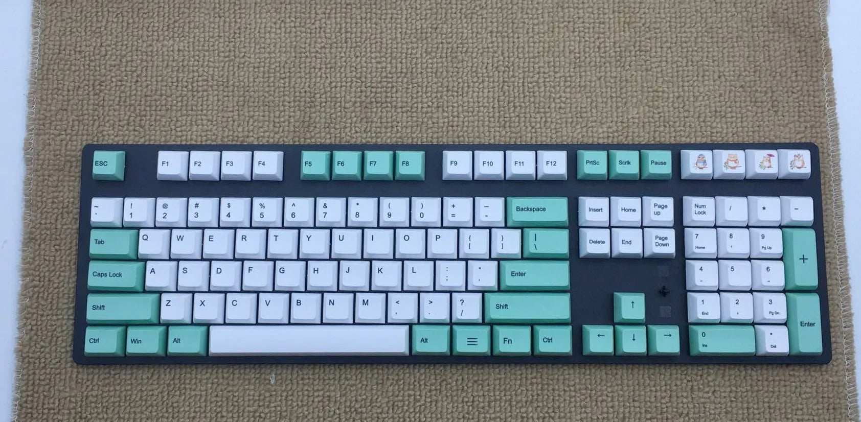 Set of PBT keyboard keycaps with Japanese, Russian, and Korean thermal sublimation legends, showing a five-sided spacebar.