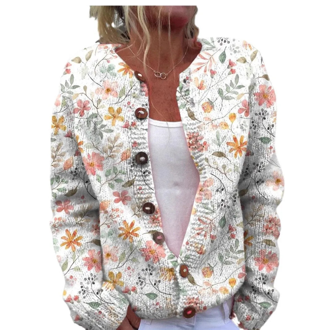 Women's loose-fit cardigan coat with a white 3D geometric digital print pattern on a solid coloured background.