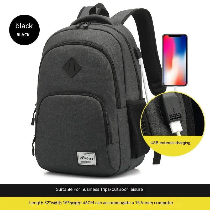 Grey and black USB charging backpack with trolley sleeve on luggage