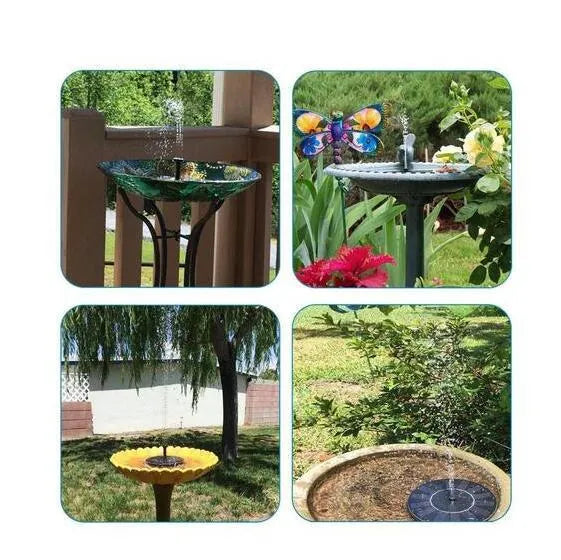 Black solar-powered garden fountain with four spray nozzles for bird baths and ponds