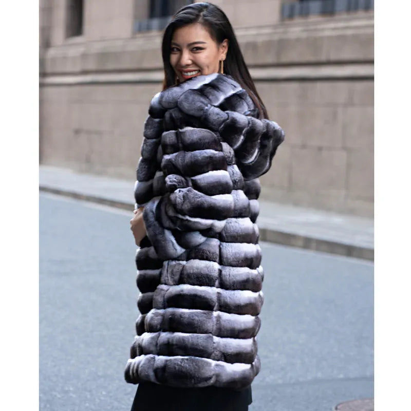 Women's mid-length zebra stripe faux fur overcoat with Japanese Korean casual style