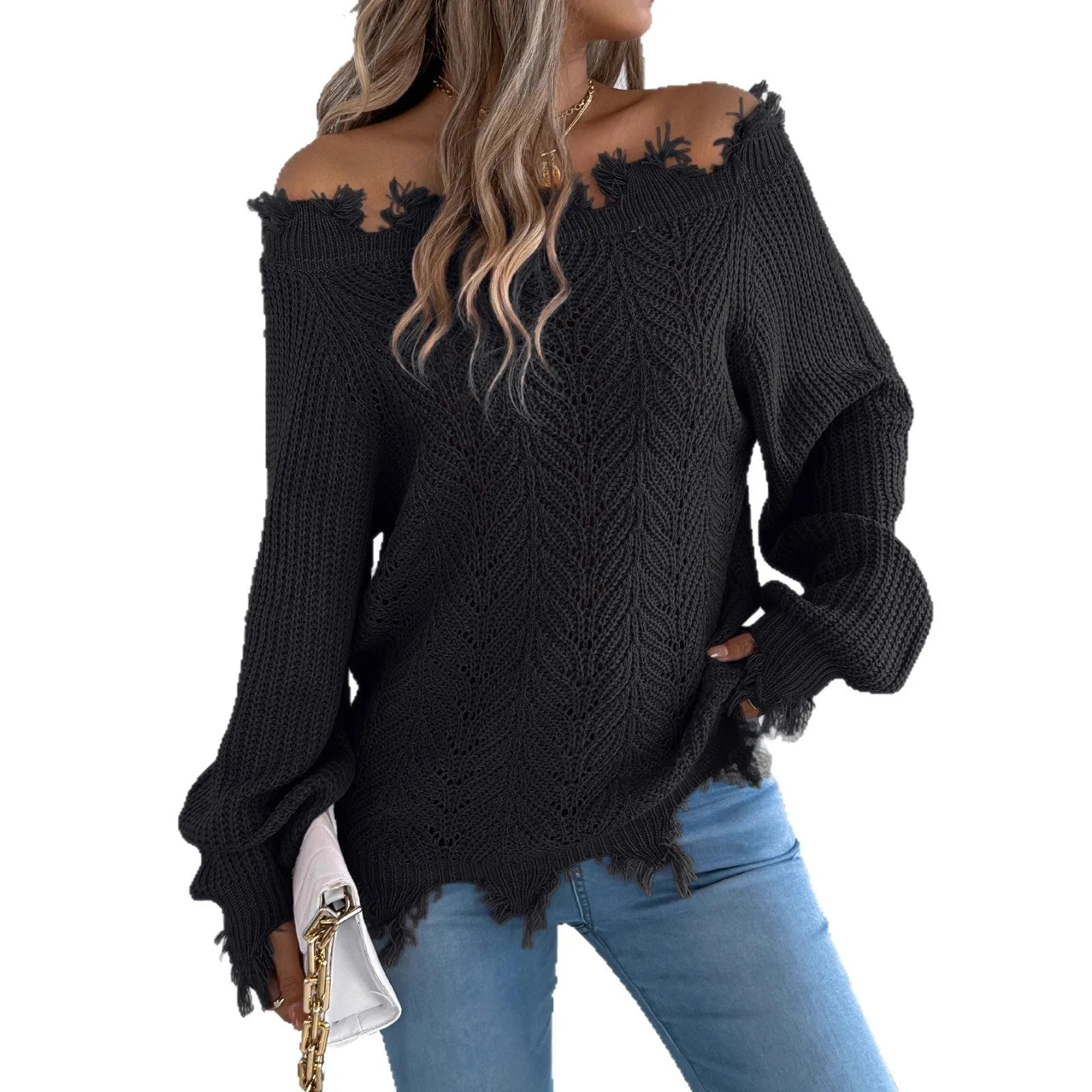 White women's off-the-shoulder pullover sweater with a hollow-out design and long sleeves.
