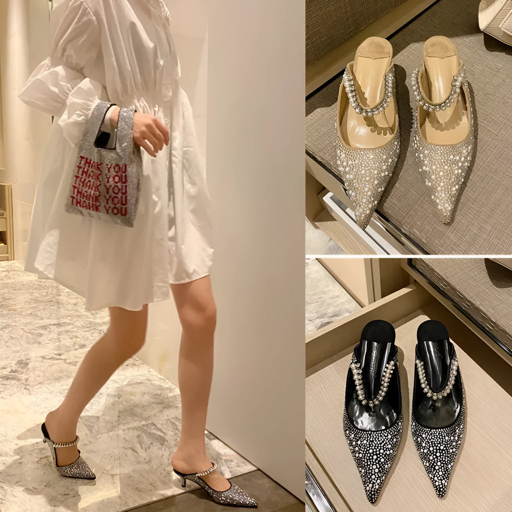 Women's stiletto heel slippers pointed toe microfiber rubber sole Korean style black