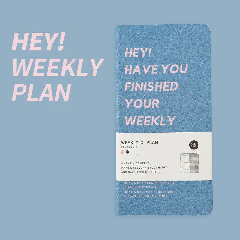 Weekly plan diary handbook showing colour options: blue, brown, green, purple with 100-page internal paper section