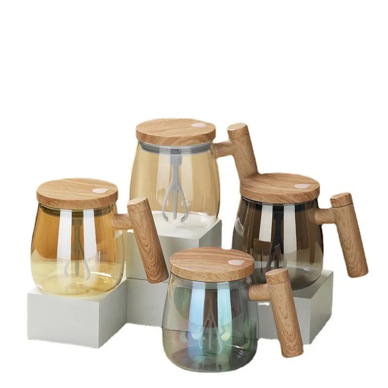 Clear borosilicate glass self-stirring coffee mug with electric base, 400ml capacity.