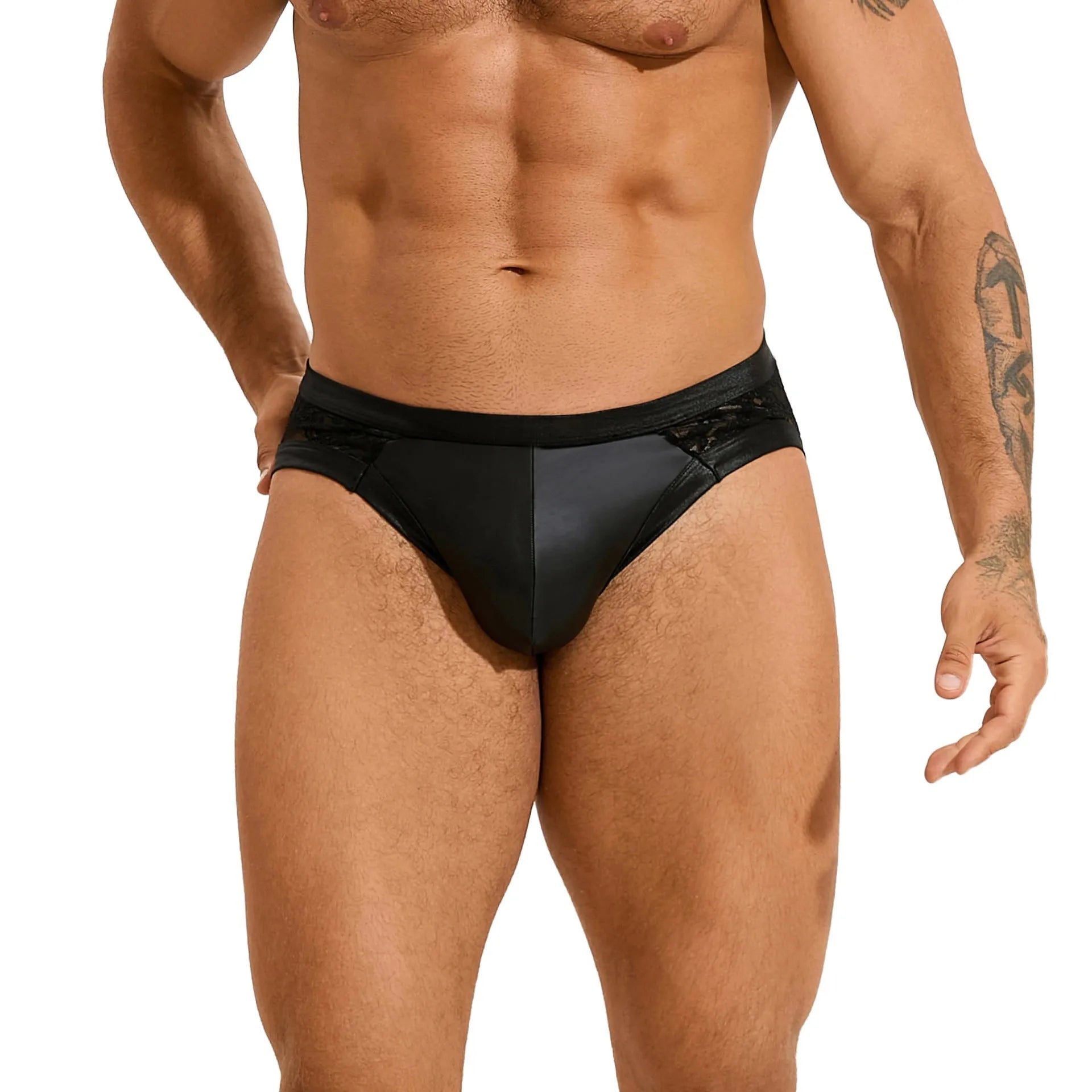 Black PU leather men's briefs with visible stitching and lace detailing on a mannequin.