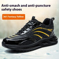 Orange and grey lightweight safety work shoes with leather upper and rubber sole for industrial protection